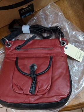 St. John's Bay Red and Black Leather Crossbody Bag with Tassel